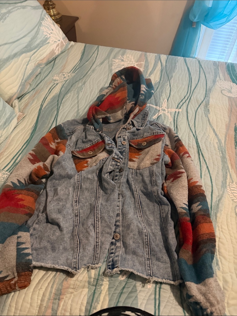 Kids Denim Jacket with Multicolor Aztec Knit Hood